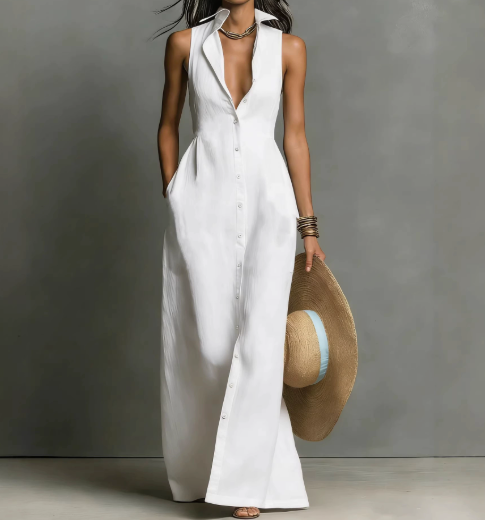 Red linen sleeveless maxi dress for women by FJØRNA, flowing length and casual elegant style, perfect for summer wear.