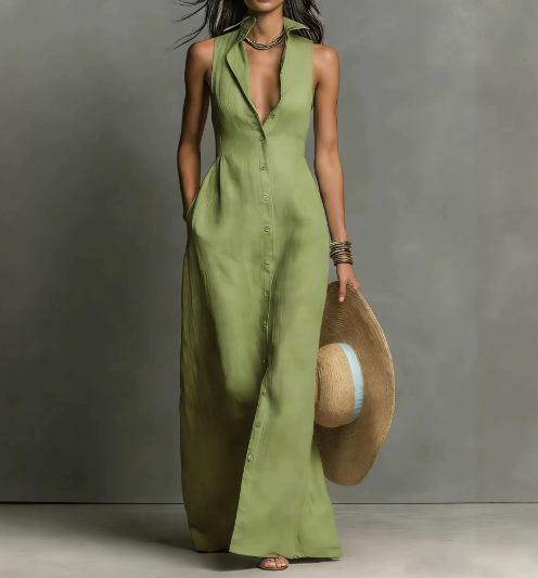 Red linen sleeveless maxi dress for women by FJØRNA, flowing fabric, V-neck design, and ankle-length silhouette.