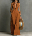 FJØRNA red linen sleeveless maxi dress for women, flowing design with a relaxed fit, perfect for casual summer wear.