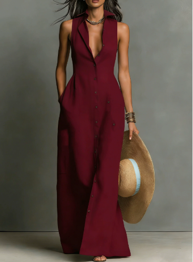 Red linen sleeveless maxi dress for women by FJØRNA, flowing design with a fitted bodice and ankle-length hem.
