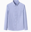Men's FJØRNA cotton striped button-up shirt with long sleeves and classic collar, displayed on a hanger.