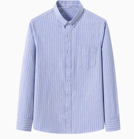 Men's FJØRNA cotton striped button-up shirt with long sleeves and classic collar, displayed on a hanger.