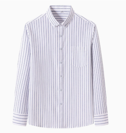 Men's FJØRNA cotton striped button-up shirt, featuring classic design and long sleeves, shown on a hanger.