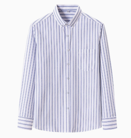 Men's FJØRNA cotton striped button-up shirt showing a classic fit with blue and white vertical stripes.
