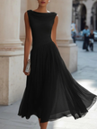 Chiffon Midi Dress Women Draped Neck Pleated