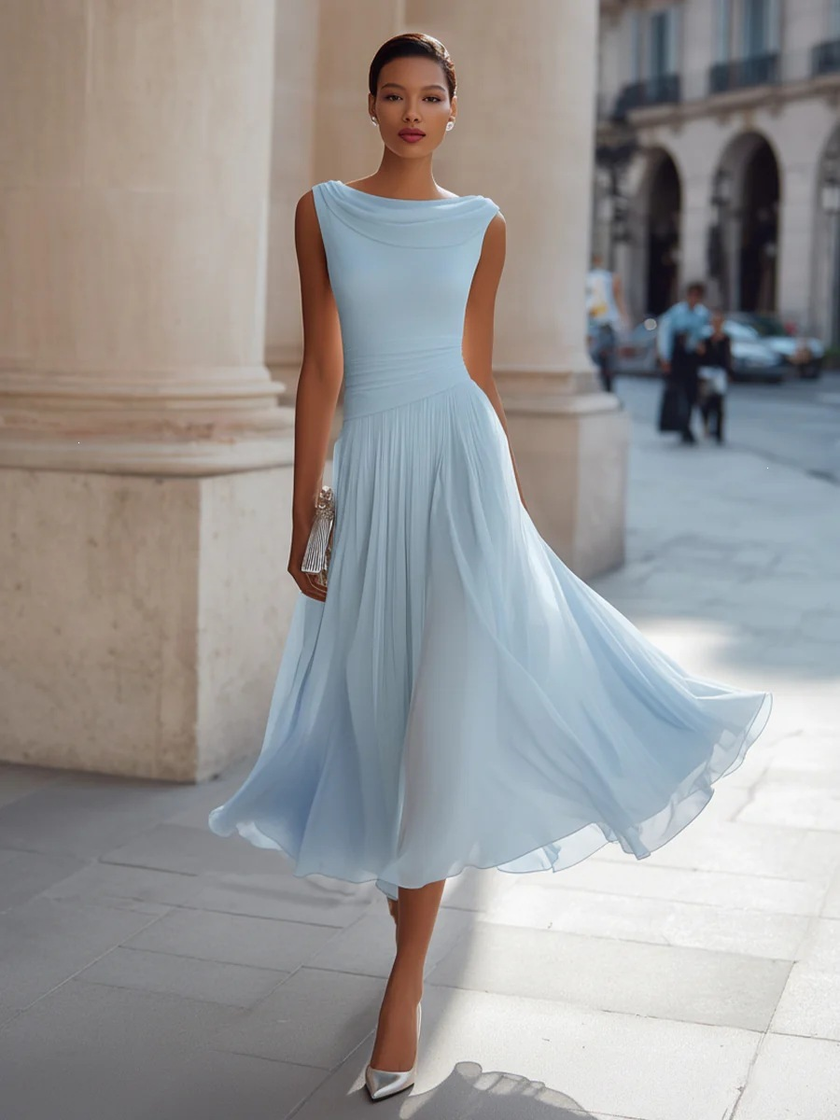 Chiffon Midi Dress Women Draped Neck Pleated