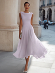Chiffon Midi Dress Women Draped Neck Pleated