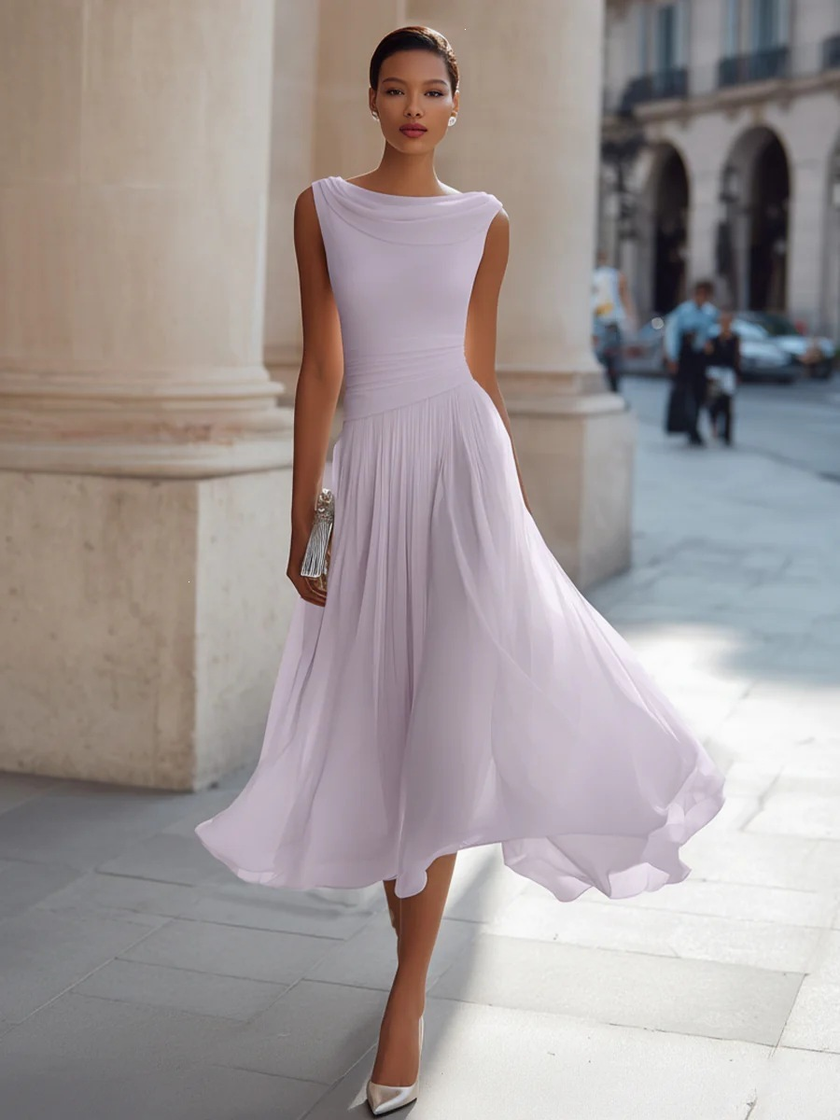 Chiffon Midi Dress Women Draped Neck Pleated