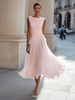Chiffon Midi Dress Women Draped Neck Pleated