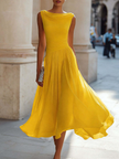 Chiffon Midi Dress Women Draped Neck Pleated