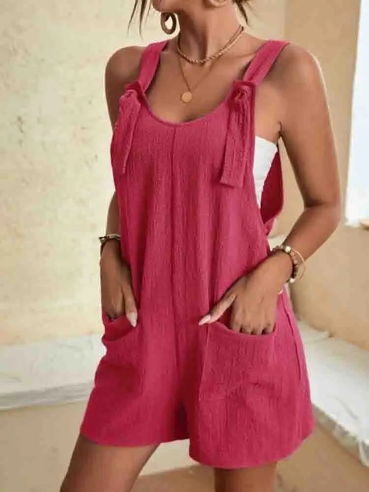 FJØRNA linen summer romper for women with pockets, lightweight beach-ready romper in natural linen fabric.