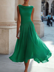 Chiffon Midi Dress Women Draped Neck Pleated