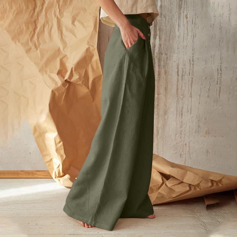 FJØRNA knit wide-leg women's pull-on trousers with a loose fit, soft fabric, and relaxed style shown in the image.