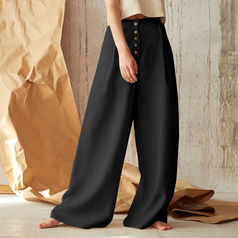 FJØRNA women’s knit wide-leg trousers with elastic waistband, showcasing soft fabric and relaxed fit for casual wear.