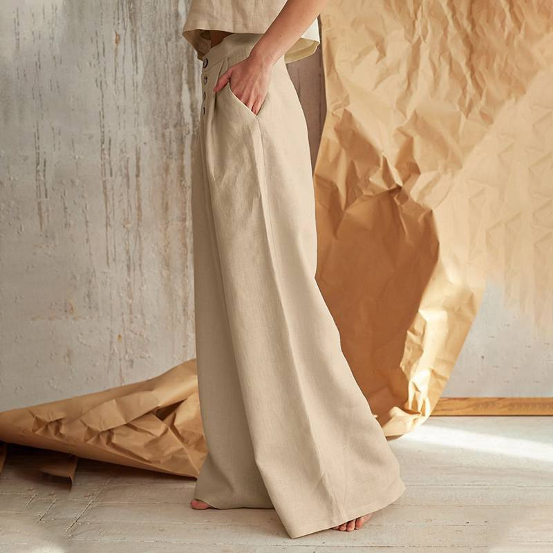 FJØRNA women's knit wide-leg trousers with elastic waistband, showcasing comfortable, stylish pants with a relaxed fit.