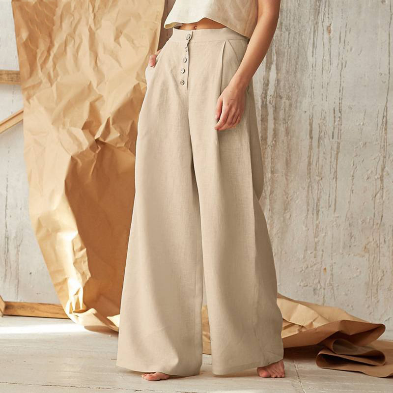 FJØRNA women's knit wide-leg trousers with elastic waist, showcasing comfortable fit and stylish design in soft fabric.