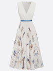 FJØRNA women's white printed V-neck sleeveless pleated dress, stylish and flowy for casual or summer wear.