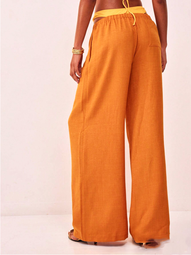 FJØRNA linen-blend wide-leg women’s trousers, loose pull-on pants, relaxed fit, light fabric, neutral color, front pockets