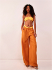 FJØRNA linen-blend wide-leg women's trousers, loose pull-on pants with relaxed fit and comfortable style, shown in natural fabric.