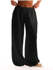 FJØRNA linen-blend wide-leg women's trousers, loose pull-on pants with relaxed fit and comfortable design.