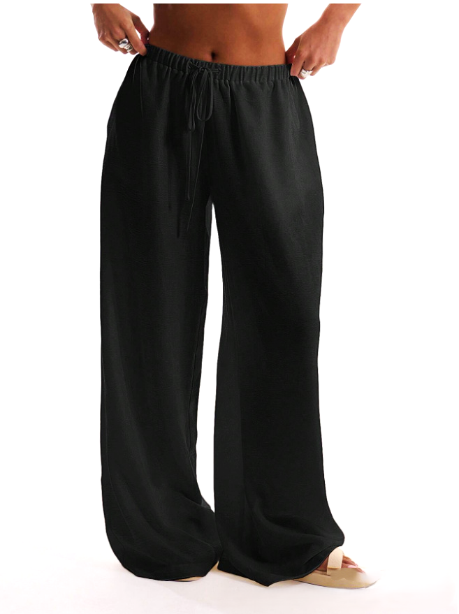 FJØRNA linen-blend wide-leg women's trousers, loose pull-on pants with relaxed fit and comfortable design.