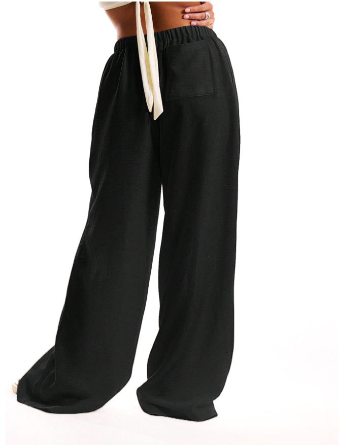 FJØRNA linen-blend wide-leg women's trousers, loose pull-on pants with a relaxed fit and casual style.