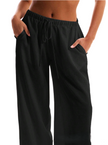 FJØRNA linen-blend wide-leg women's trousers, loose pull-on pants, shown in a relaxed fit with a high waist and wide-leg design.