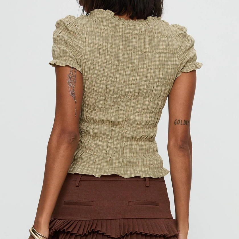 FJØRNA plaid ruffle-detail women's white blouse top with long sleeves and feminine design, casual chic women’s fashion.