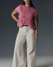 FJØRNA women's linen ruched ruffle top, casual and breezy with ruffled detailing, perfect for comfortable summer wear.