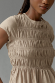 FJØRNA linen ruched ruffle top for women, casual linen blouse with gathered details and feminine ruffle accents.