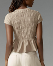 FJØRNA linen ruched ruffle top for women, casual linen top with gathered details and ruffled sleeves, lightweight and breathable.