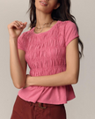 FJØRNA linen ruched ruffle top for women, casual linen top with gathered ruffles and short sleeves, in soft, lightweight fabric