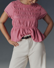 Women’s linen ruched ruffle top by FJØRNA featuring a casual, lightweight design with ruffled details and a relaxed fit.