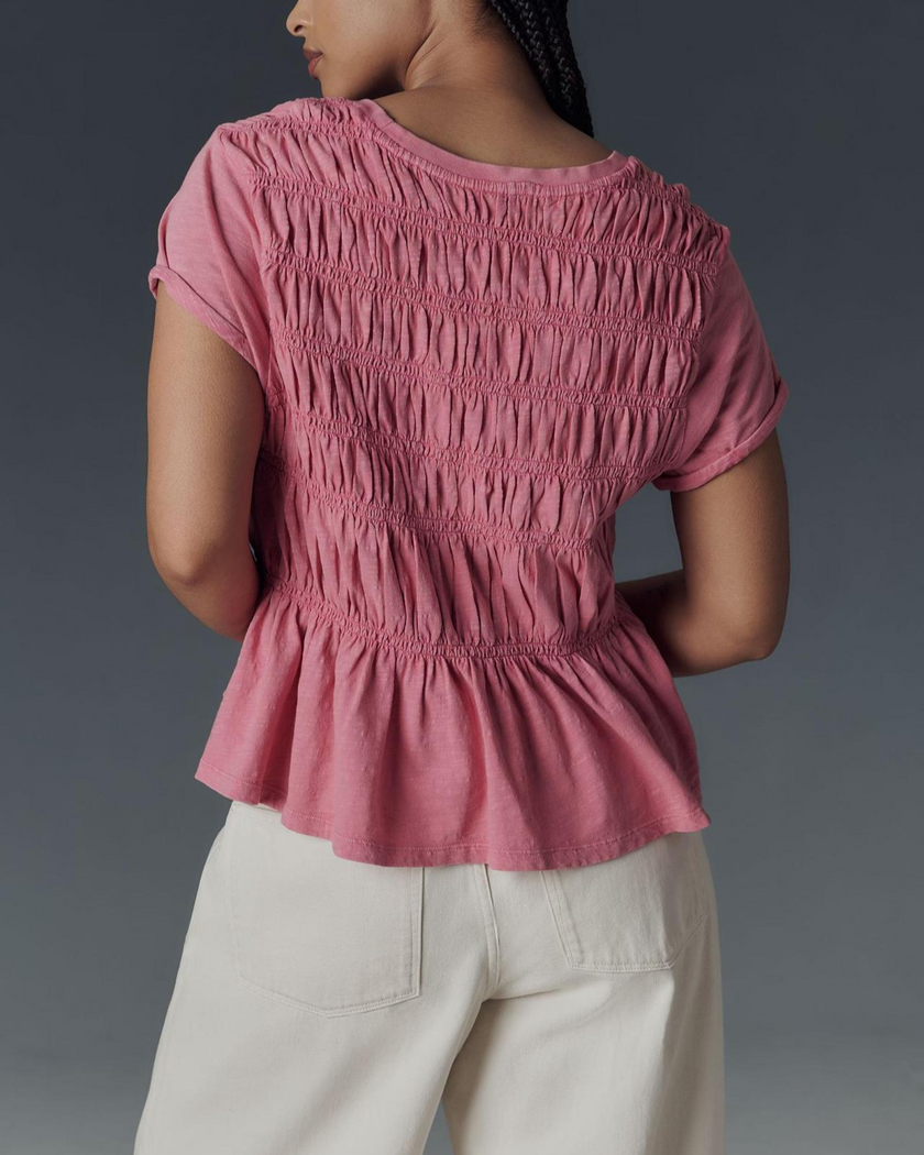 FJØRNA linen ruched ruffle top for women, casual linen blouse with ruffle details and ruched accents, lightweight and comfortable.