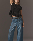 FJØRNA women's linen ruched ruffle top featuring casual style, lightweight fabric, and feminine ruffle details.