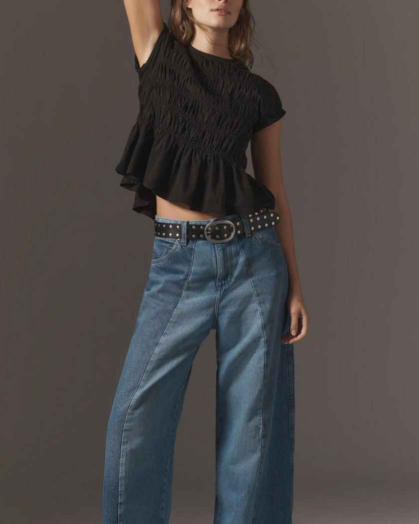 FJØRNA women's linen ruched ruffle top featuring casual style, lightweight fabric, and feminine ruffle details.