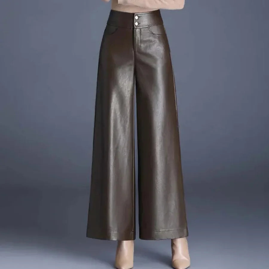 Wide-Leg Leather-Look Trousers High-Waisted with Button Fly for Women | Imogen