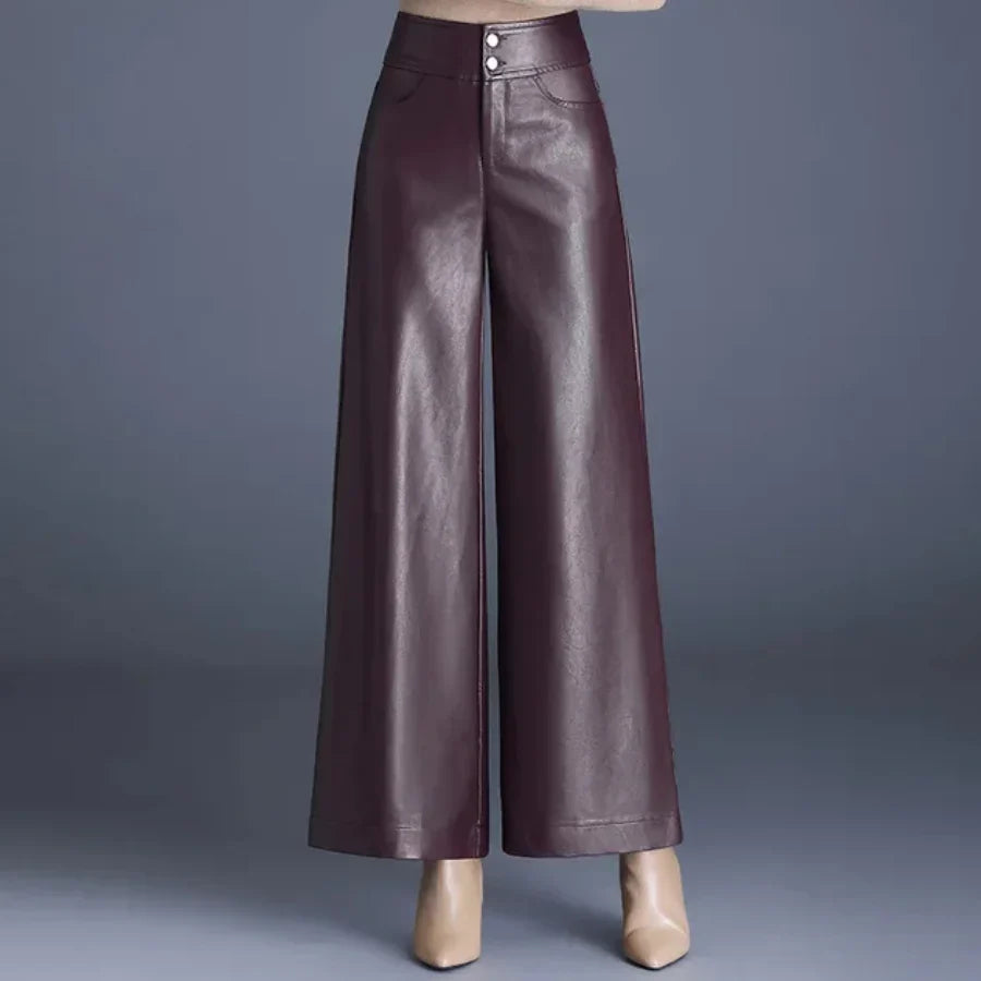 Wide-Leg Leather-Look Trousers High-Waisted with Button Fly for Women | Imogen