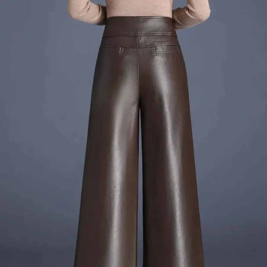 Wide-Leg Leather-Look Trousers High-Waisted with Button Fly for Women | Imogen