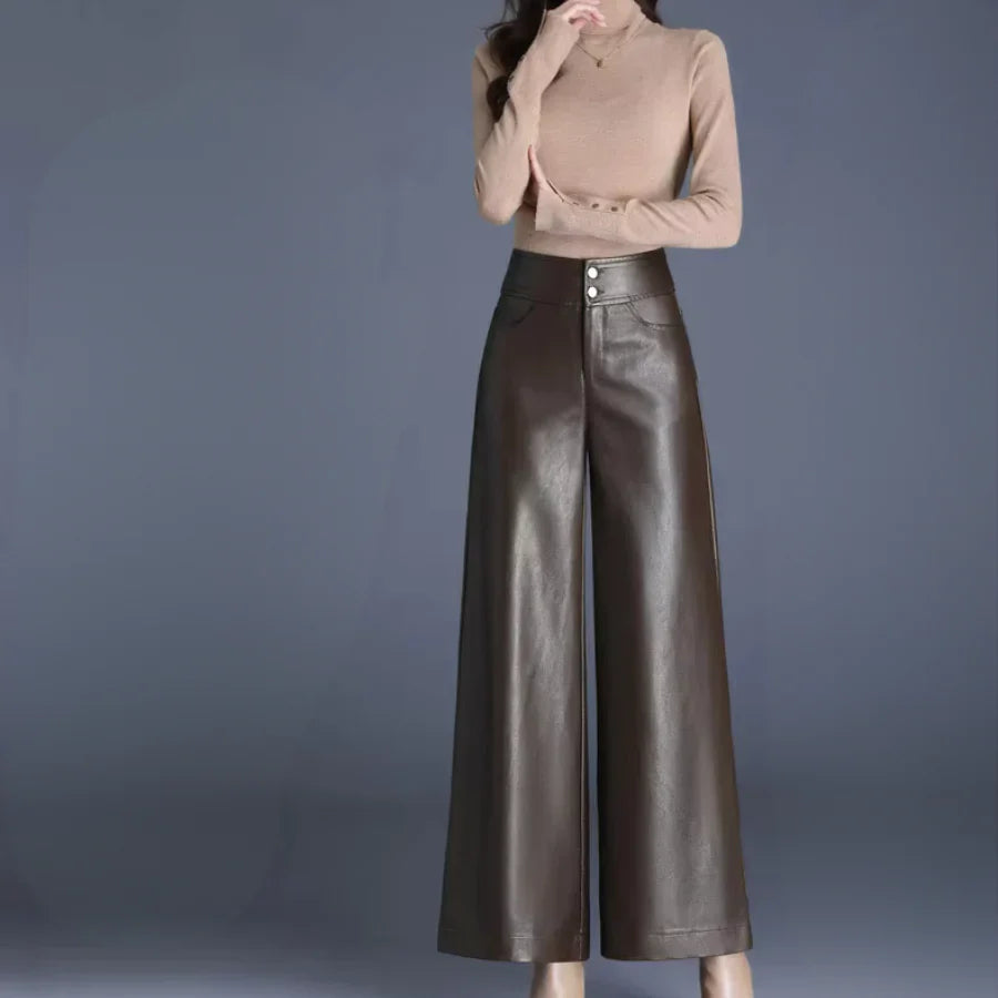 Wide-Leg Leather-Look Trousers High-Waisted with Button Fly for Women | Imogen