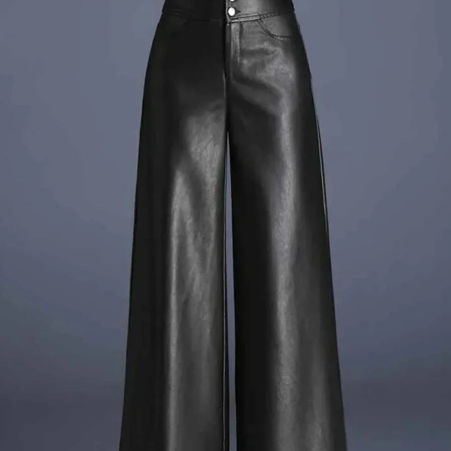 Wide-Leg Leather-Look Trousers High-Waisted with Button Fly for Women | Imogen