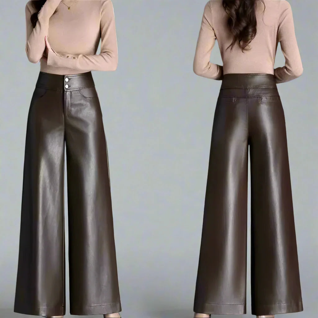 Wide-Leg Leather-Look Trousers High-Waisted with Button Fly for Women | Imogen