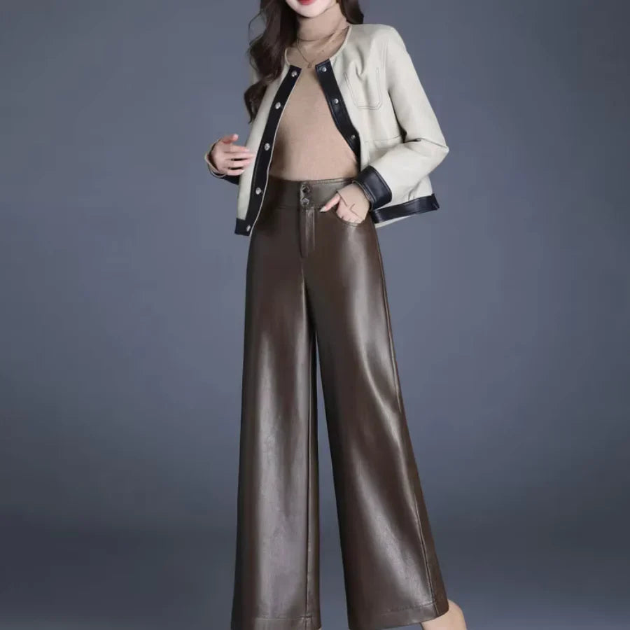 Wide-Leg Leather-Look Trousers High-Waisted with Button Fly for Women | Imogen