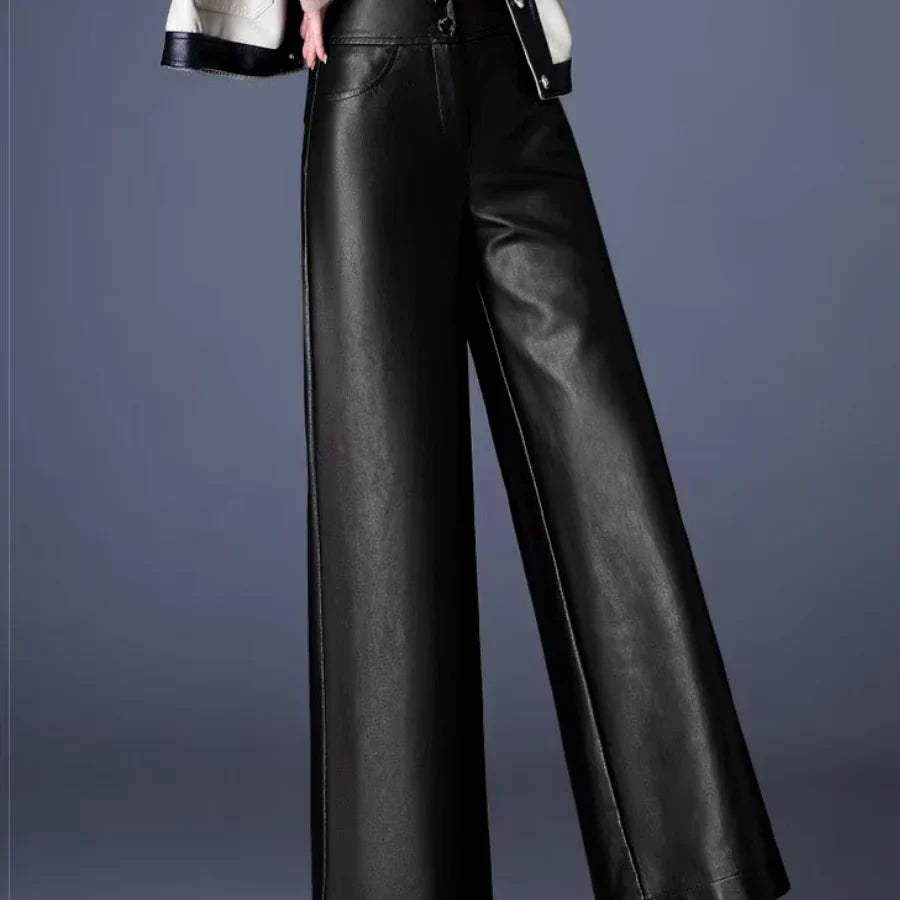 Wide-Leg Leather-Look Trousers High-Waisted with Button Fly for Women | Imogen