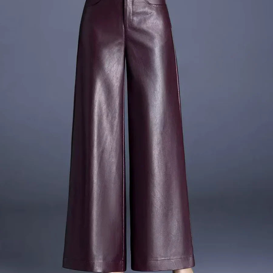 Wide-Leg Leather-Look Trousers High-Waisted with Button Fly for Women | Imogen
