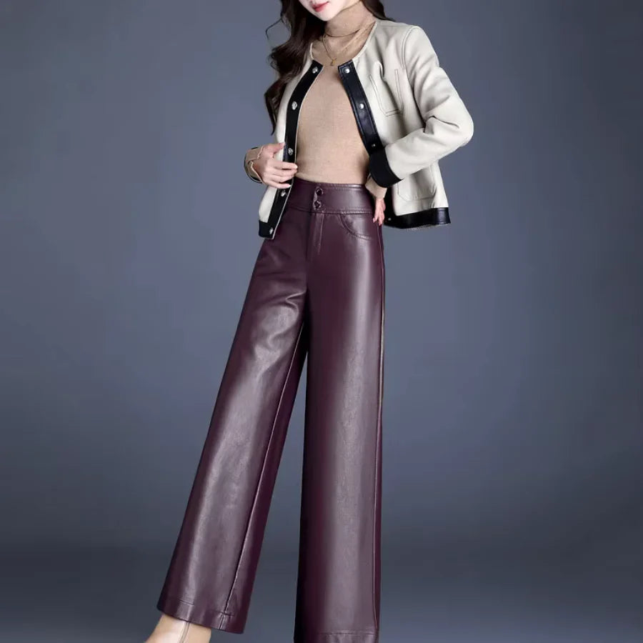Wide-Leg Leather-Look Trousers High-Waisted with Button Fly for Women | Imogen