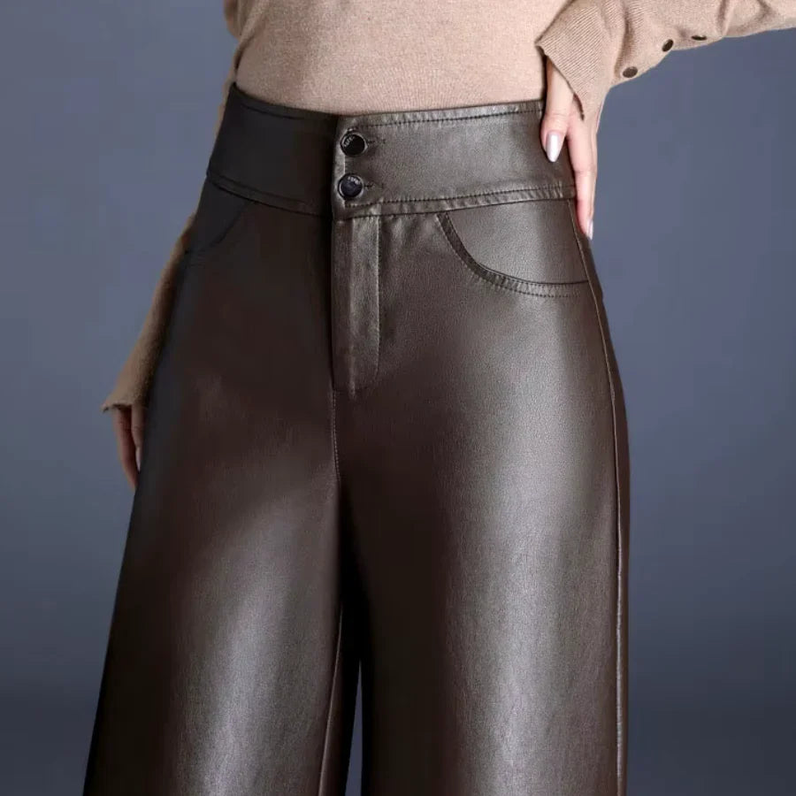Wide-Leg Leather-Look Trousers High-Waisted with Button Fly for Women | Imogen