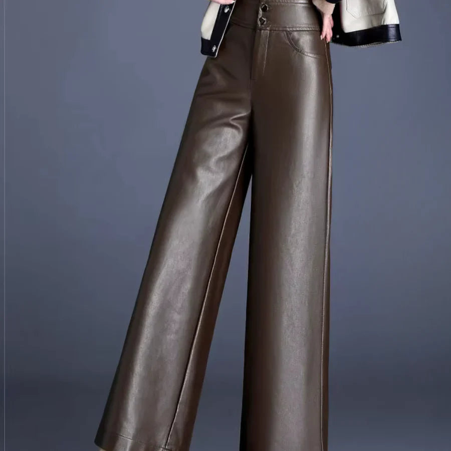 Wide-Leg Leather-Look Trousers High-Waisted with Button Fly for Women | Imogen