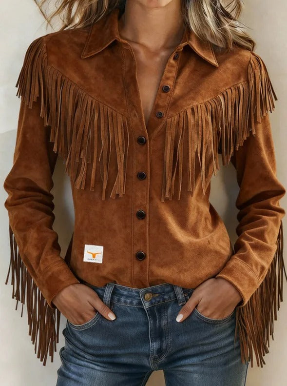 Suede Shirt Jacket Women Fringe Western Snap Front