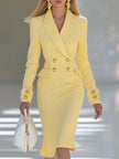 Yellow knit V-neck midi dress by FJØRNA, featuring a stylish V-neckline and comfortable knit fabric, perfect for evening wear.
